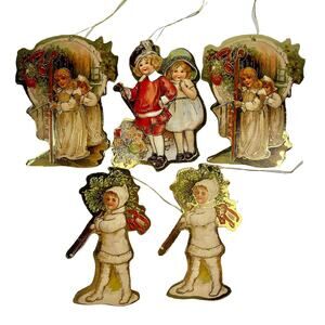 Vintage Christmas Ornaments Die Cut Cardboard Victorian Children Lot of 5